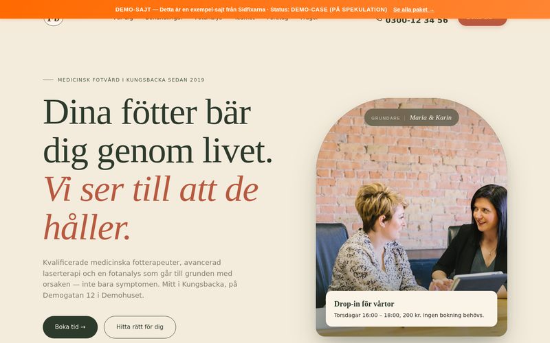Skärmdump av Fotbehandling Kungsbacka — demo-case