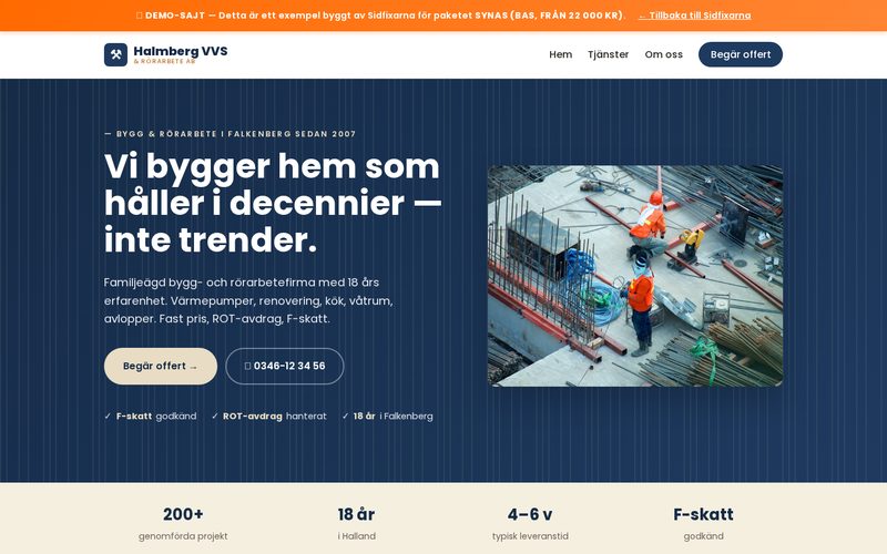 Skärmdump av Halmberg VVS — Synas-paket