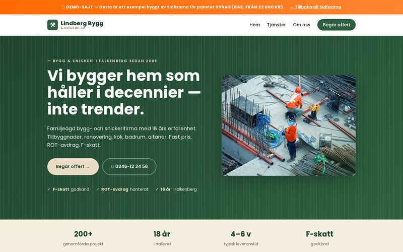 Skärmdump av Lindberg Bygg — Synas-paket