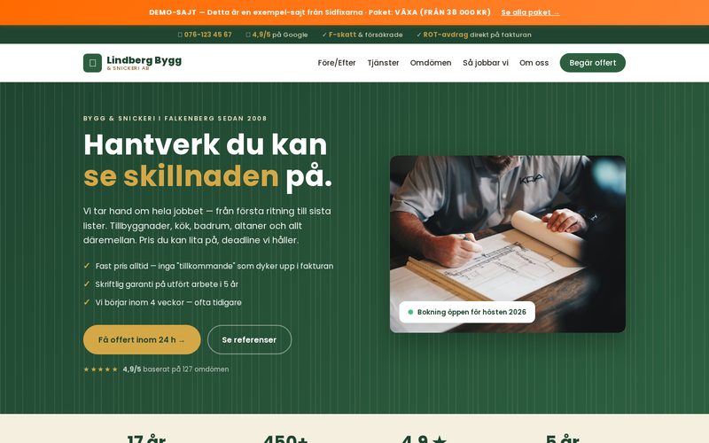 Skärmdump av Lindberg Bygg — Växa-paket